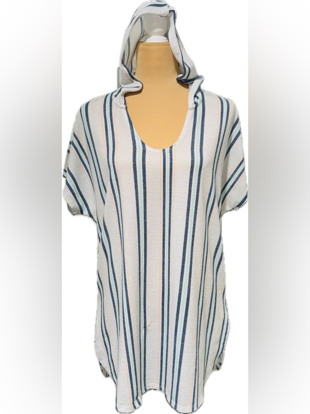 Time and Tru White Hooded Coverup with Blue Stripes - Picture 3 of 7
